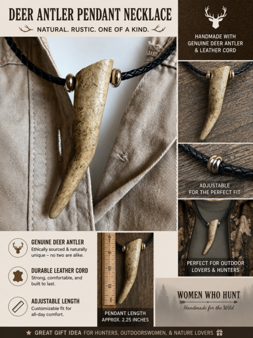 Handmade deer antler pendant necklace with leather cord and timber beads (DAN02)