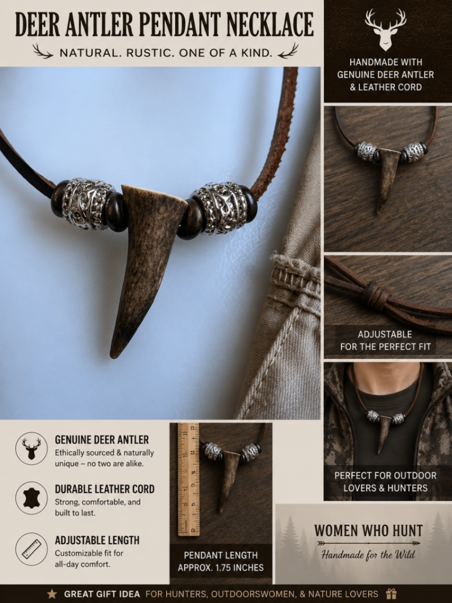 Dark handmade deer antler necklace with brown leather cord and silver bead detail
