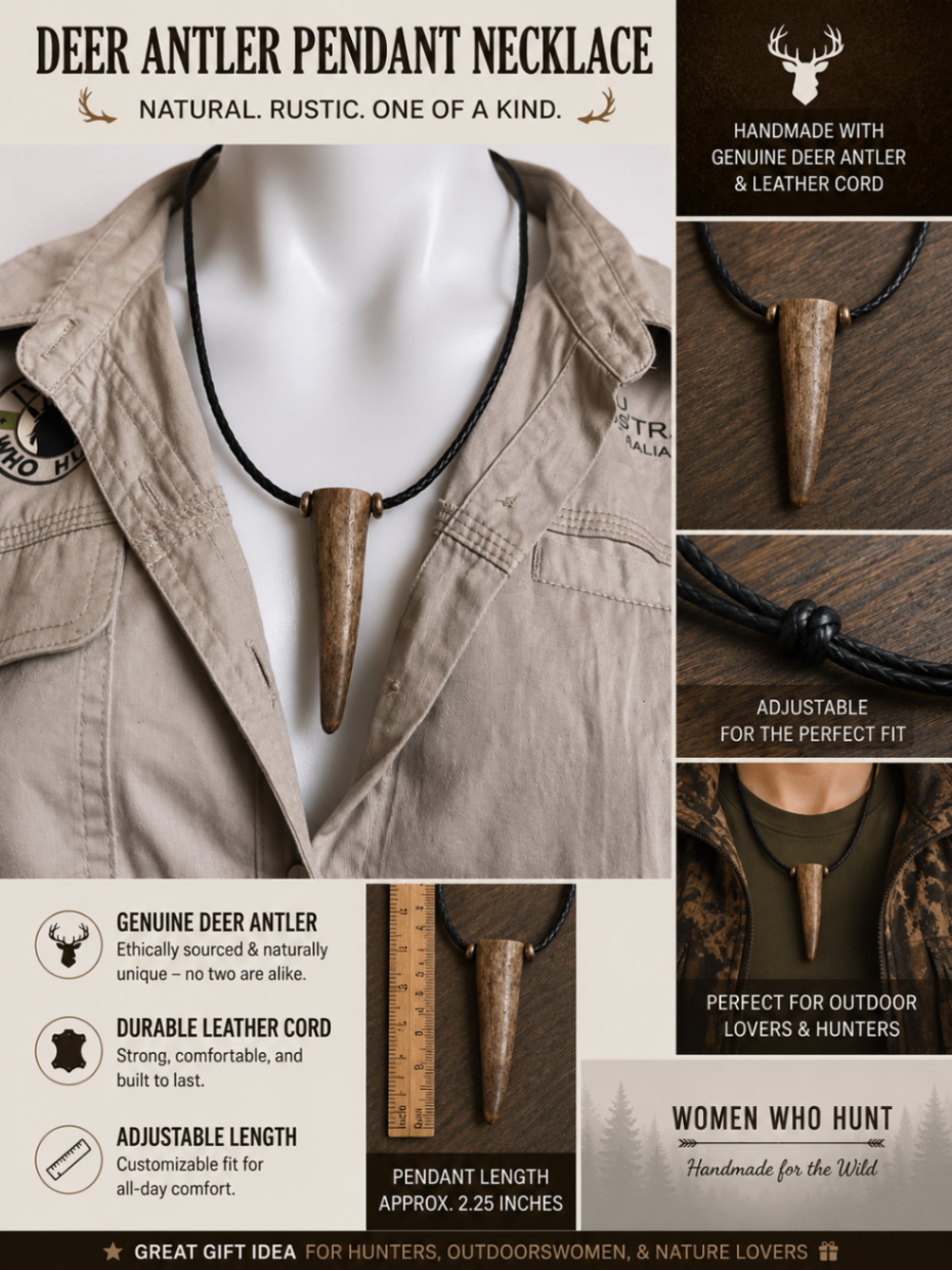 Long brown deer antler necklace with black braided leather cord and bronze bead details