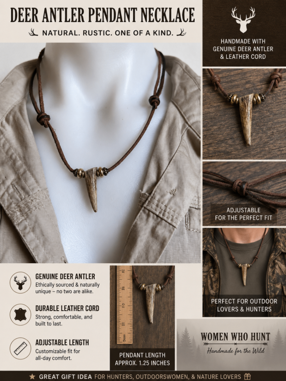 Brown deer antler pendant necklace with brown leather cord and small bead details