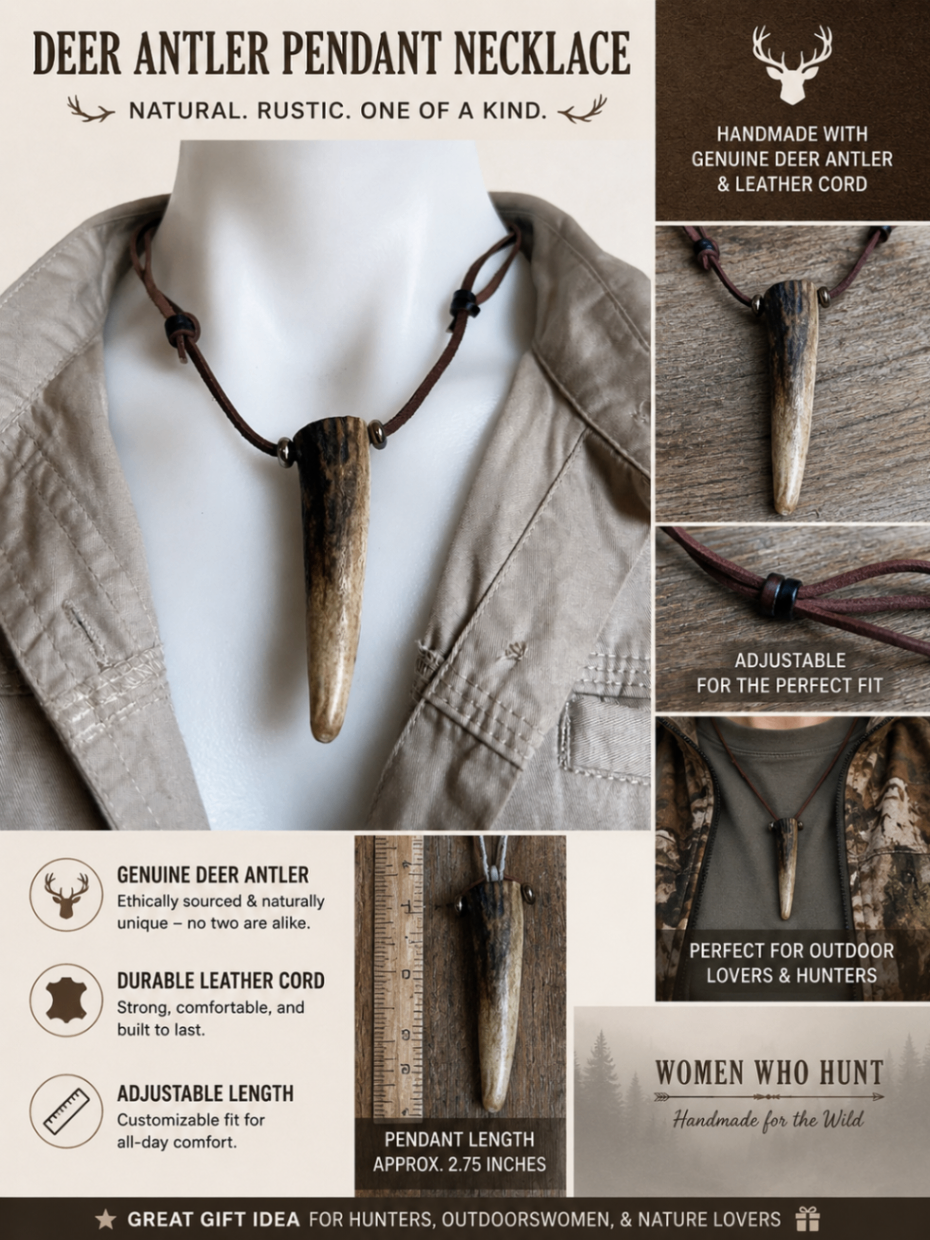 Handmade deer antler pendant necklace with pale antler and dark cord (DAN01)
