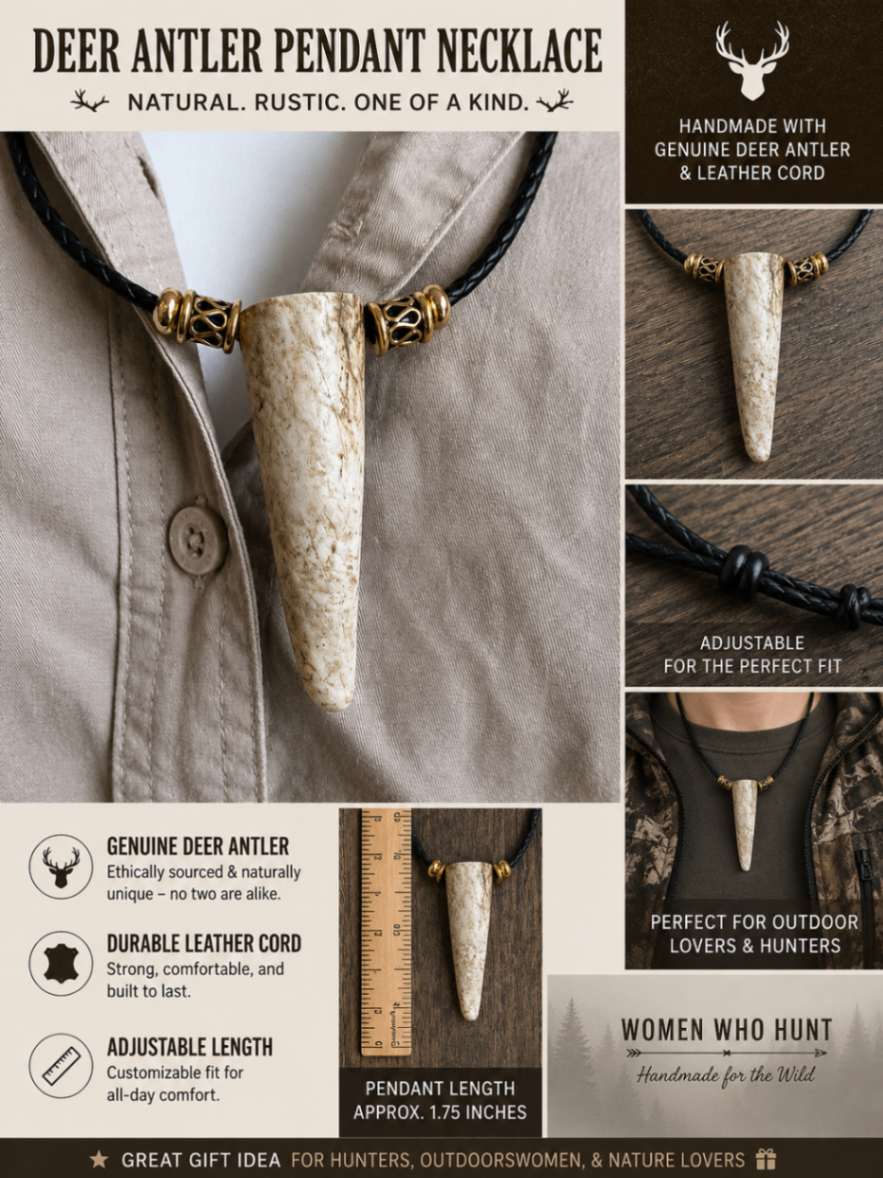 Handmade deer antler necklace with black leather cord and gold bead detail on natural background
