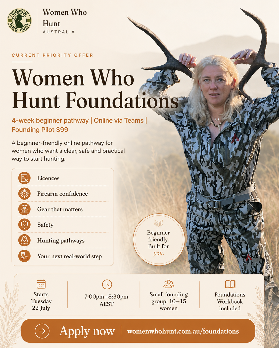 Women Who Hunt Foundations — 4-week beginner pathway. Online via Teams. Founding Pilot $99.