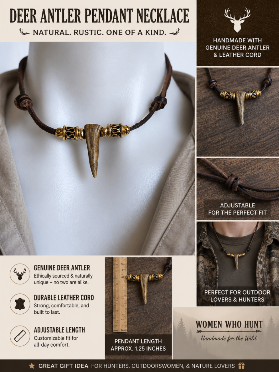 Handmade deer antler pendant necklace with dark antler and brown leather cord (DAN03)